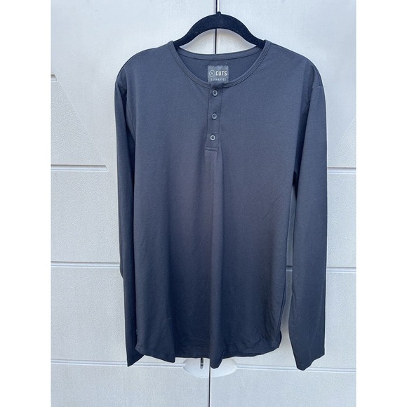 Cuts Men’s Black Elongated Hem henley T-shirt long sleeve Soft Jersey Large NEW - Picture 2 of 9